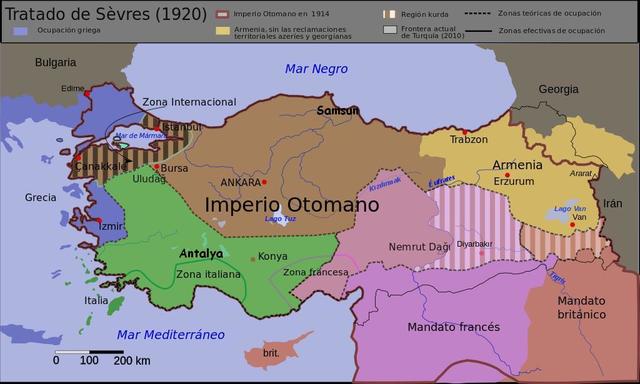 El mapa del reparto de Turquía según el tratado de Sevres, en marrón, el territorio que dejaron para Turquía